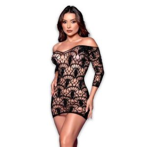 VESTIDO BODYSTOCKING OMBRO A OMBRO COM RENDA FLORAL 2106