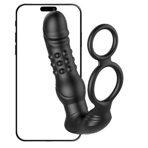 Vibrador de Próstata com Anel Duplo Peniano - Dedilhar / Vem cá com Vai e vem de Esferas - 15,8 x 4,8cm - Via APP À Longa Distância - SI