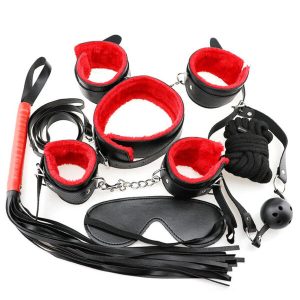 Kit Bondage com 7 Peças com Forro em Pelúcia – VERMELHO – SD-217
